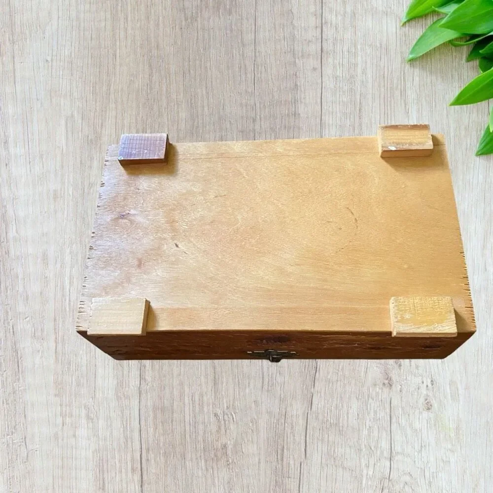 VINTAGE Cedar Footed Wood JEWELRY BOX Carved Decoupage Village MIRROR LID 1950’s